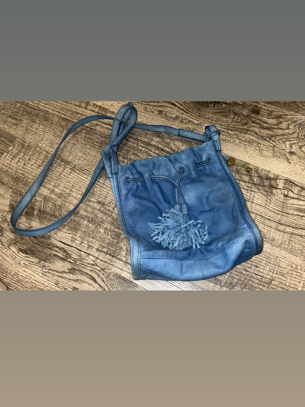 Fossil Blue Leather Drawstring Bucket Crossbody with Tassel
